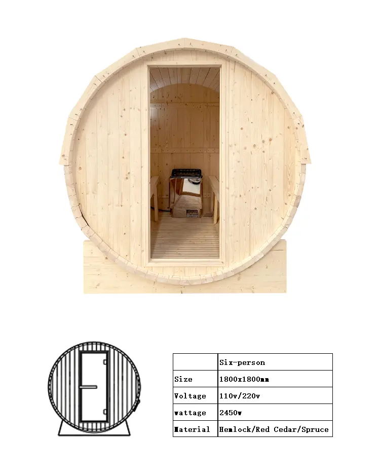 Outdoor 4-Seater Spruce Barrel Sauna Equipped with Sauna Stove
